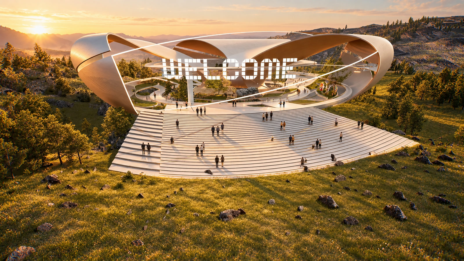 Gran Auditorio entre árboles al amanecer