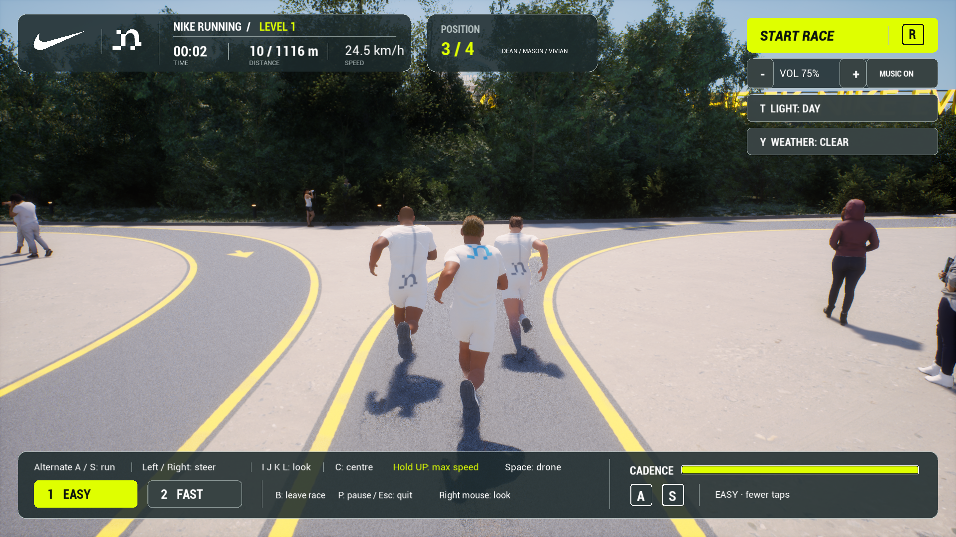 Captura real de Nike Running: corredores e interfaz con tiempo, distancia, velocidad y posición