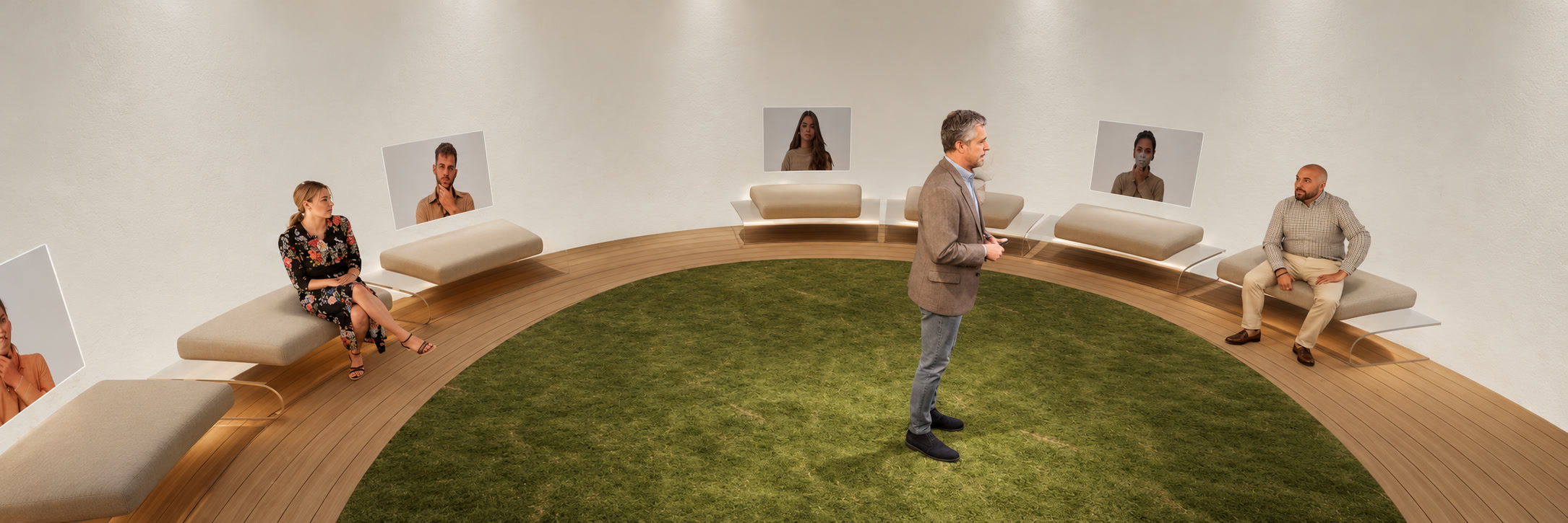 Sala circular neutra, con tres personas presentes y cuatro participantes conectados a distancia.