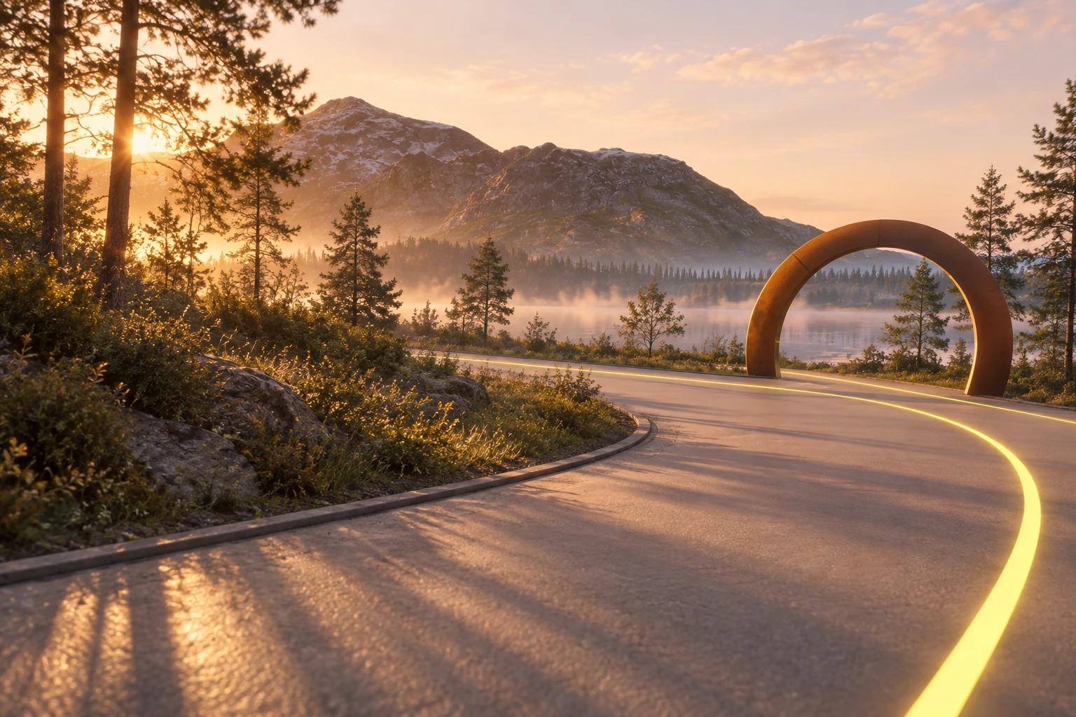 Imagen conceptual: circuito junto a un lago y montañas, con arco dorado