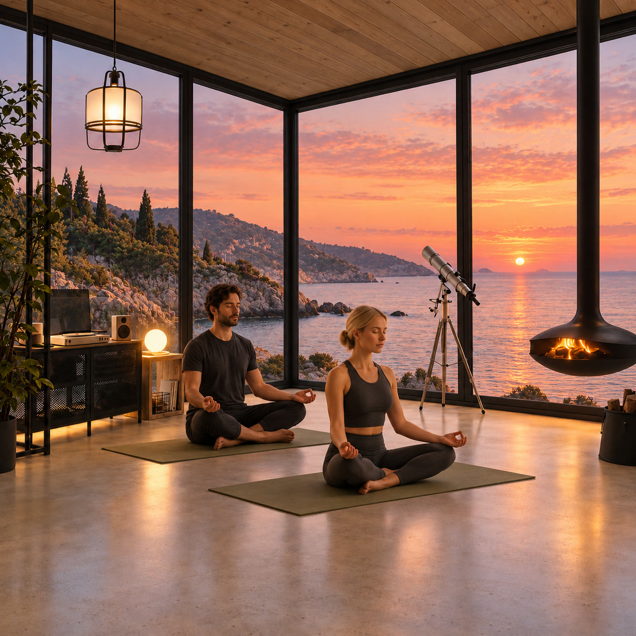 La misma sala preparada para yoga, con dos personas sobre esterillas y un atardecer marino que aporta luz cálida.