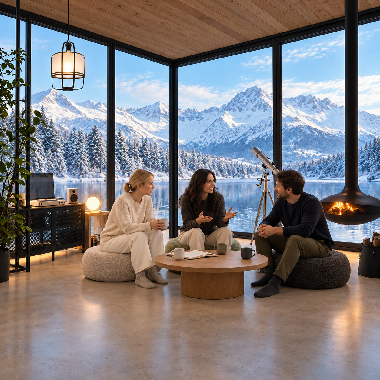 La misma sala con tres personas reunidas sobre pufs, una mesa baja y un paisaje nevado que refleja luz azulada en el interior.