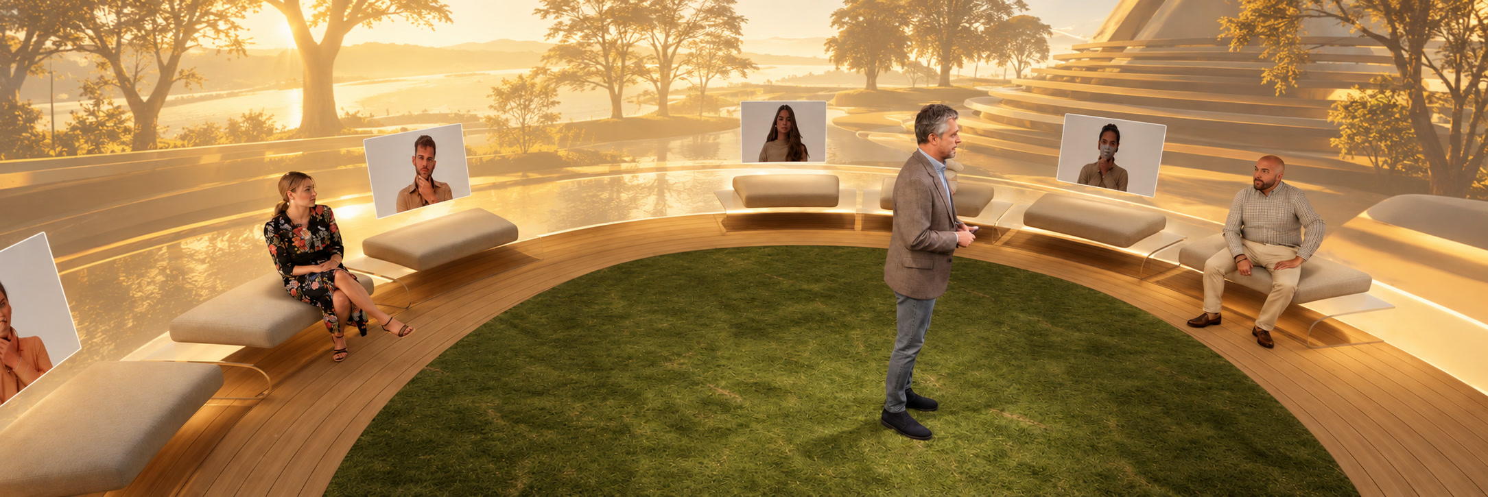 La misma sala, personas y encuadre, con un paisaje 3D dorado proyectado sobre la pared curva.