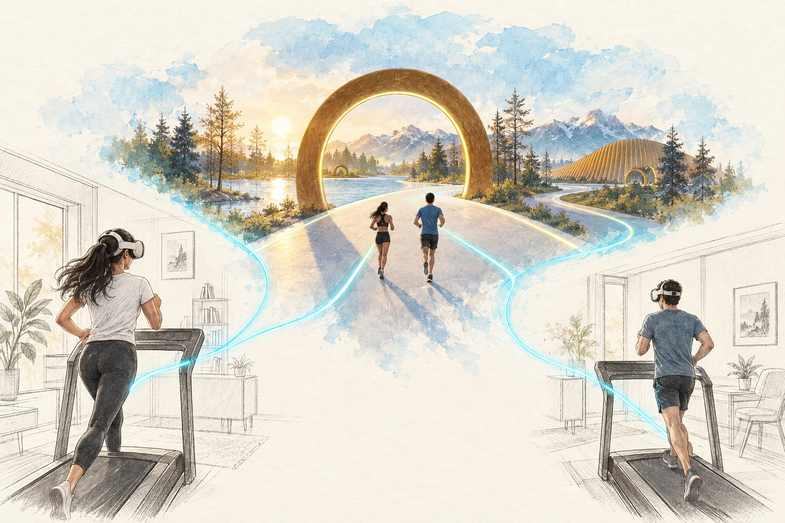 Ilustración conceptual que conecta participantes sobre cintas con un circuito virtual compartido