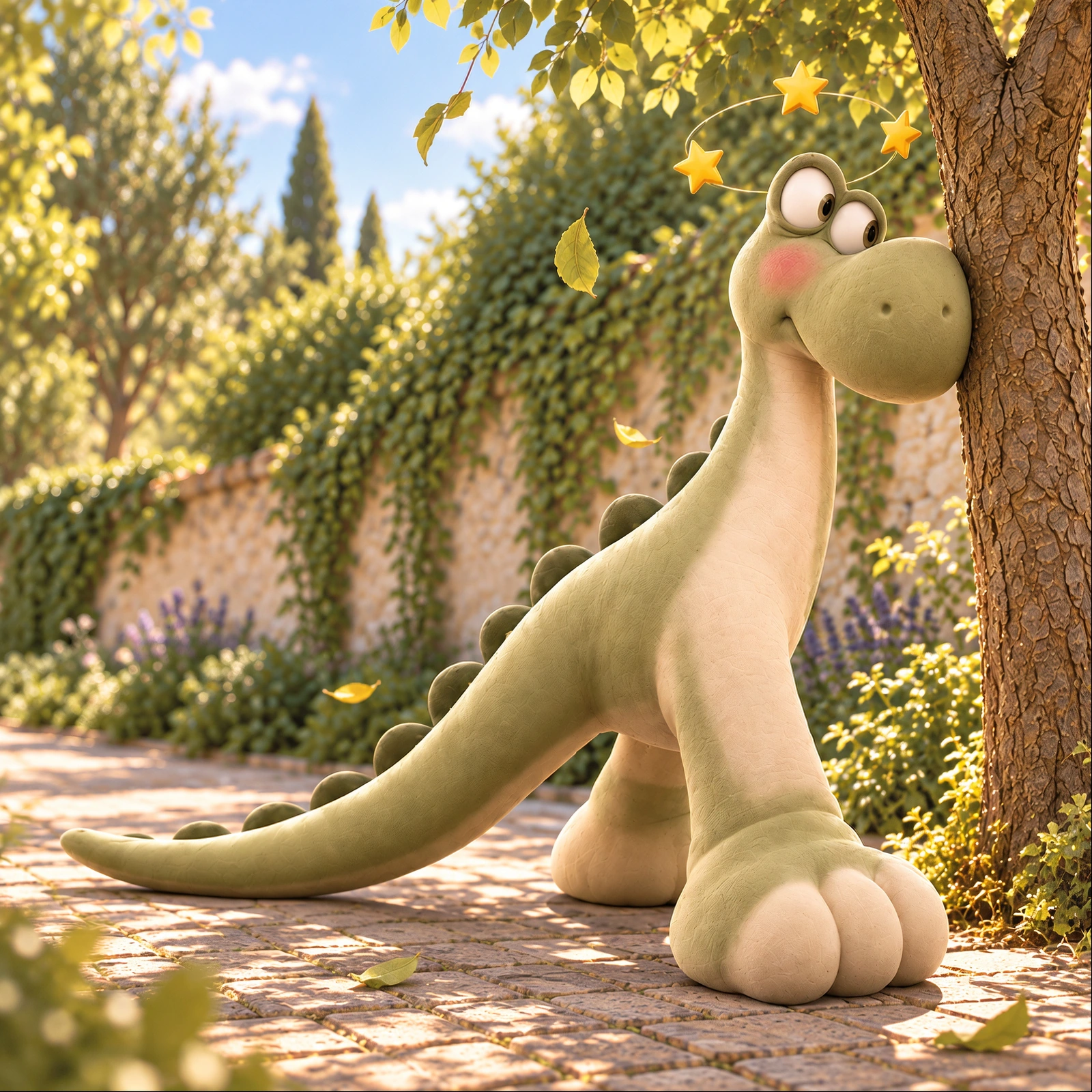 Chancleto blushing after bumping into the tree, with three little stars above his head