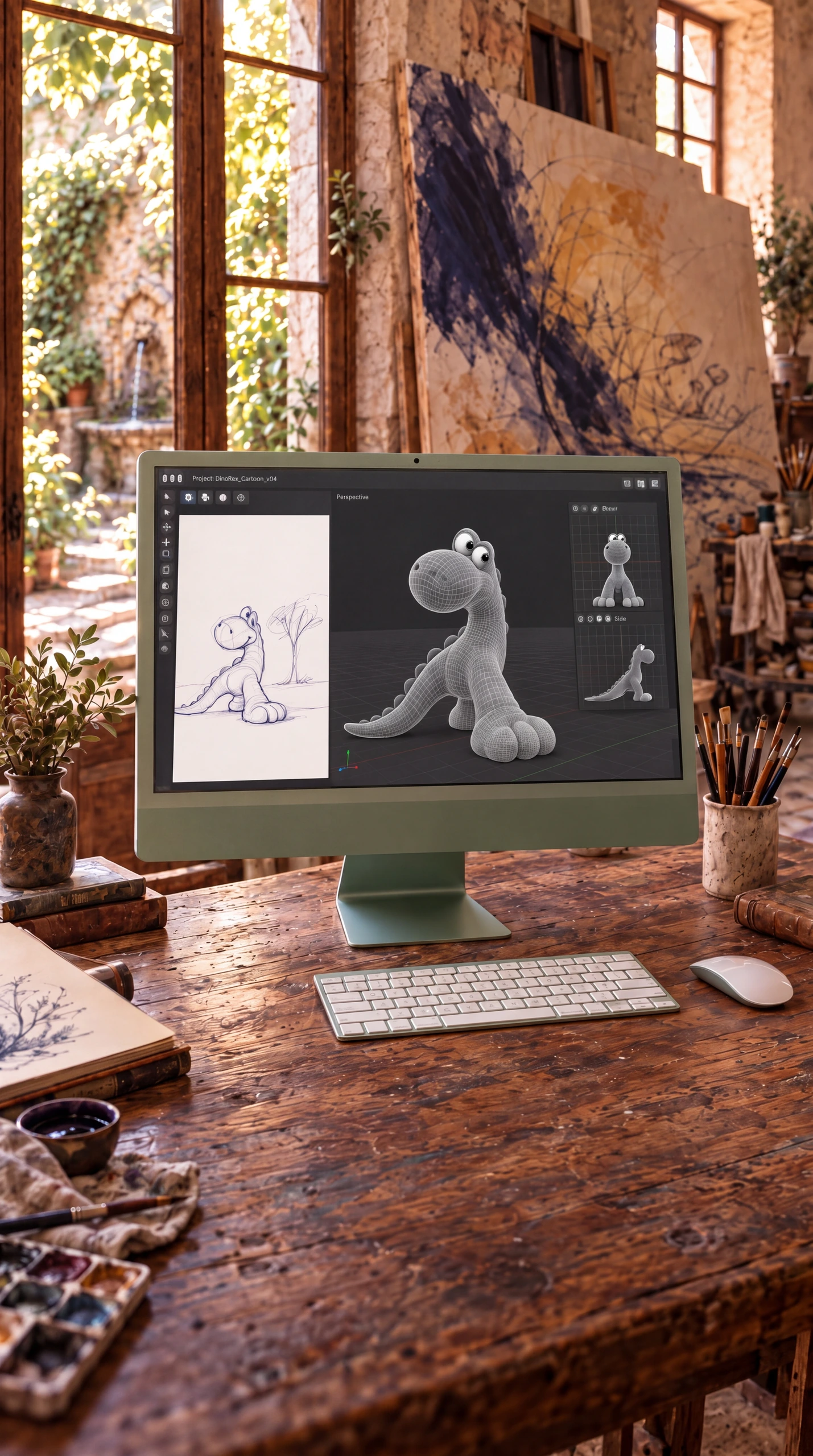 Chancleto as a wireframe model on the iMac screen