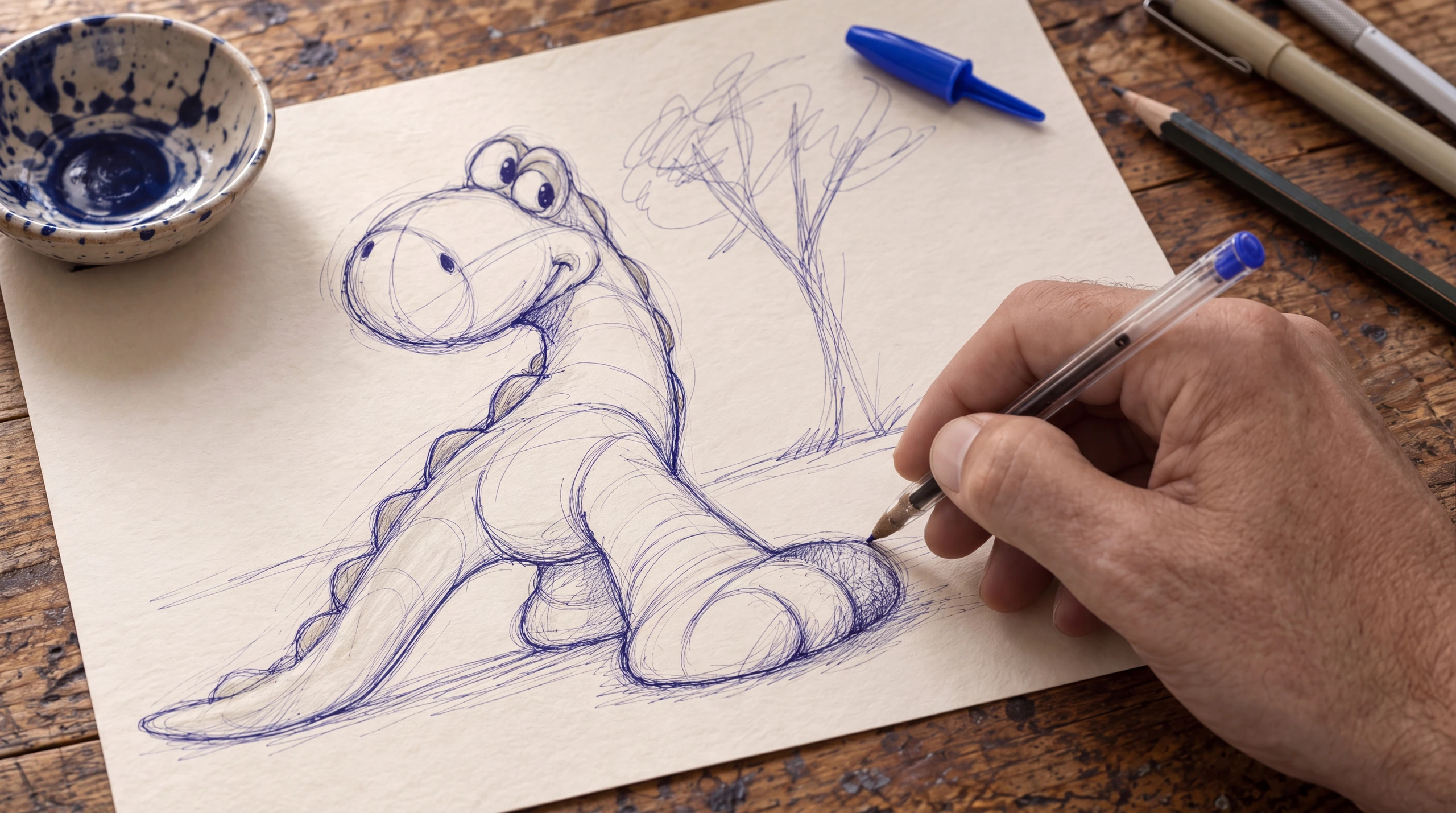 Octavio’s hand sketching Chancleto with a ballpoint pen