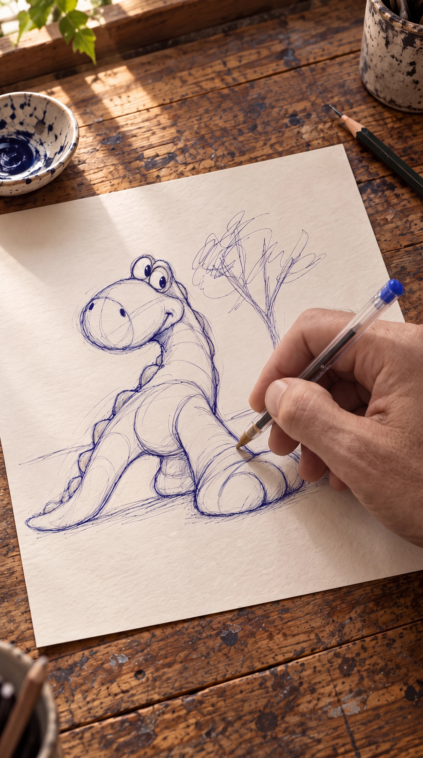 Octavio’s hand sketching Chancleto with a ballpoint pen