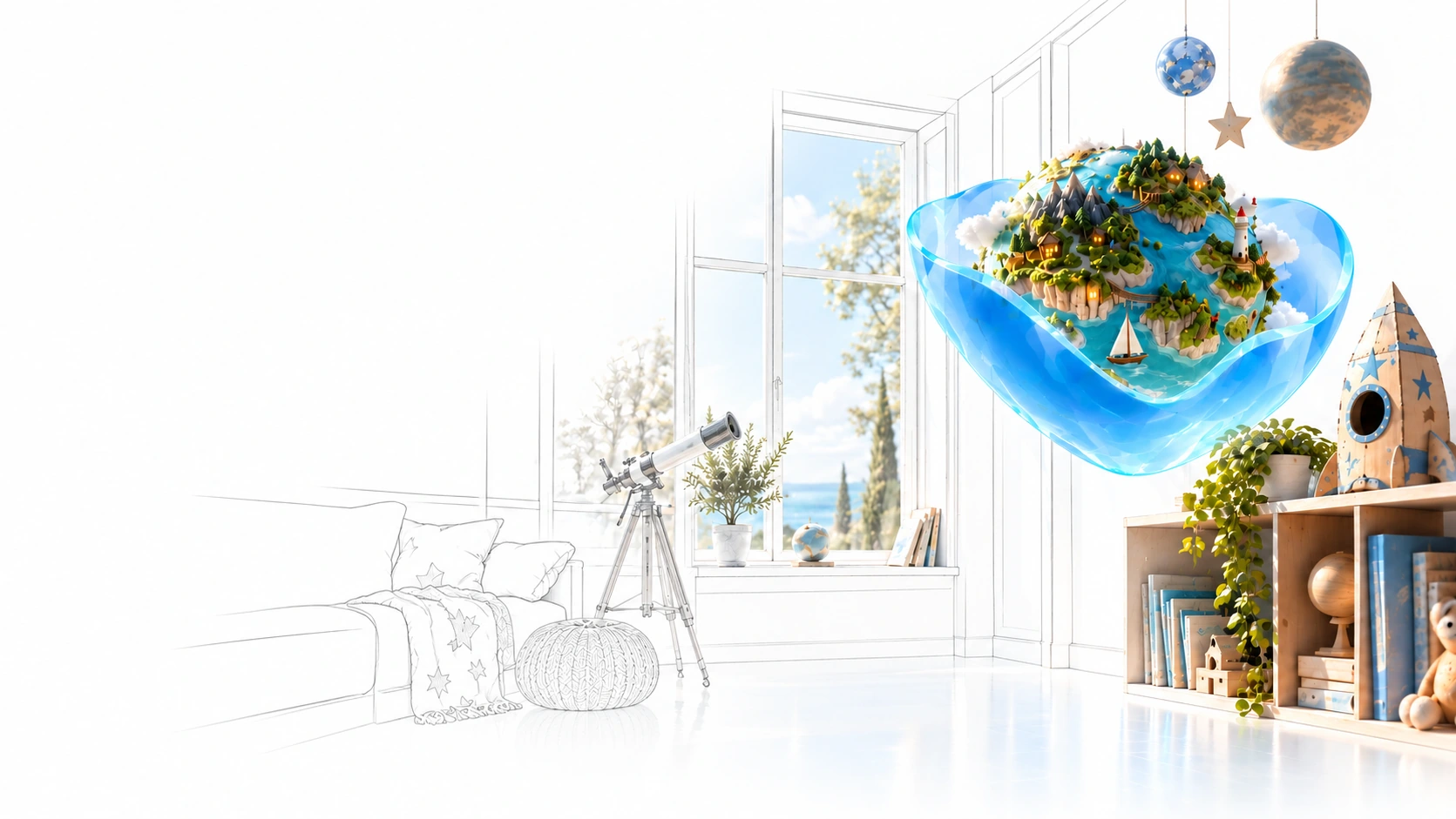An imagined world takes shape inside a sketched room