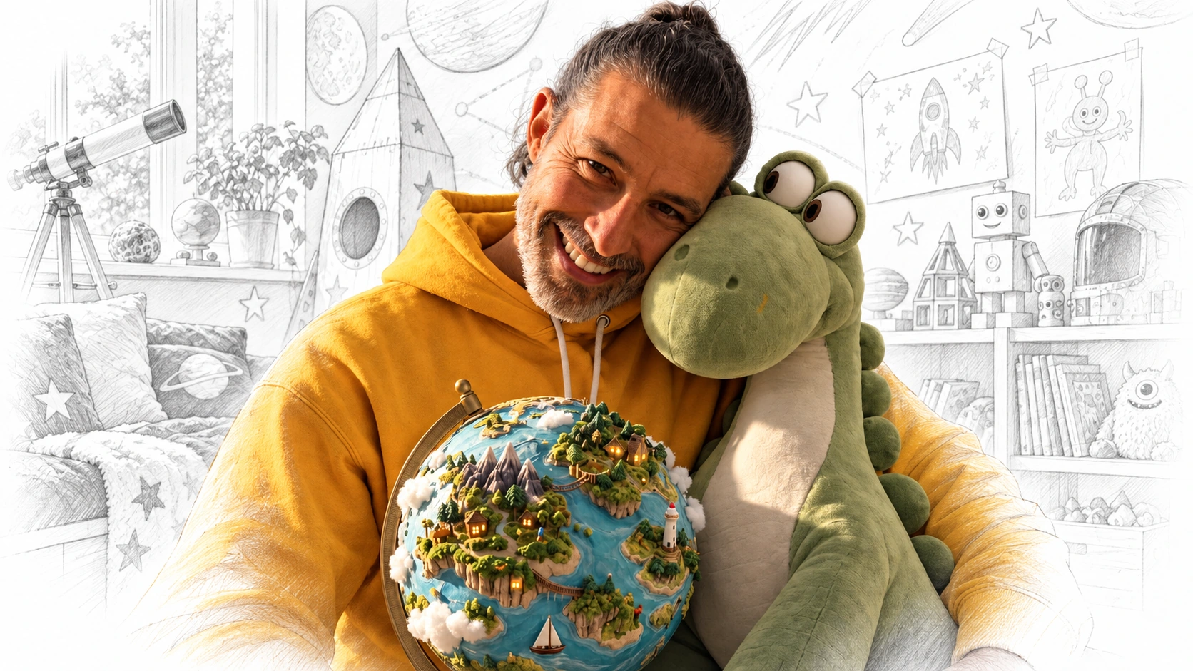 Octavio Rincón embracing a Chancleto plush beside a globe of imagined worlds